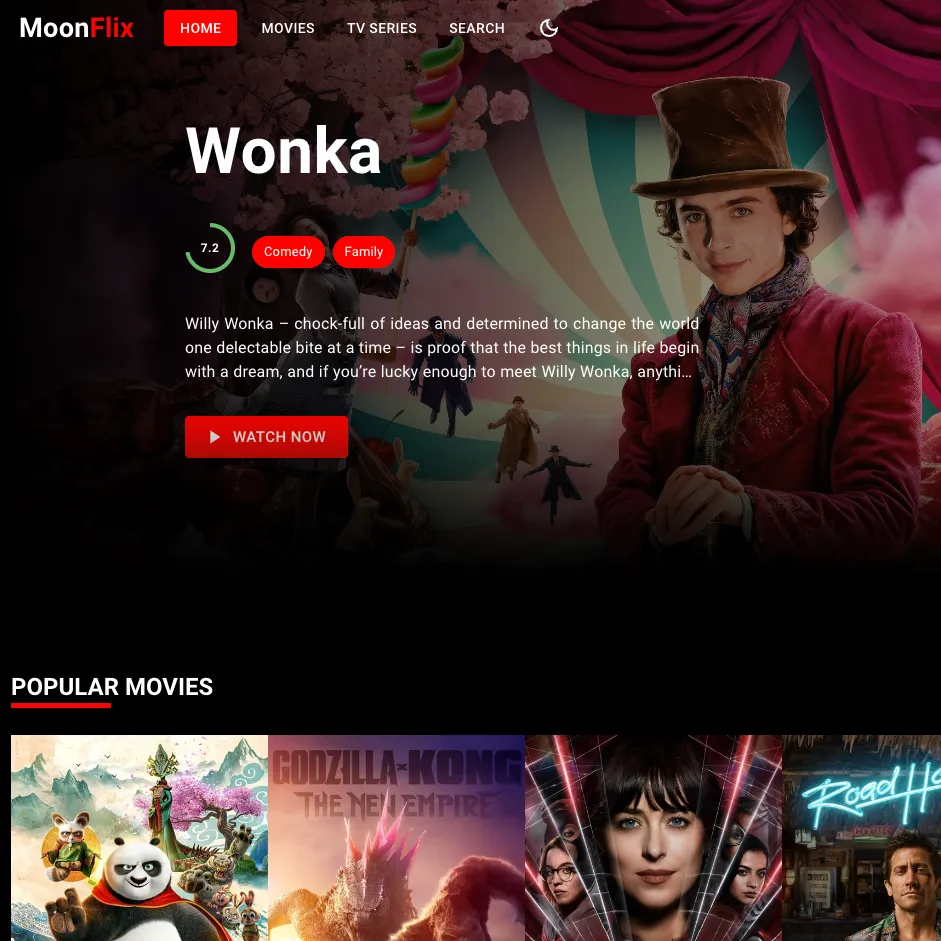 Picture of MoonFlix Website, Movie Wonka with rating score.